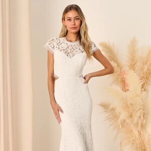 Lulu’s Devoted to Bliss White Lace Cap Sleeve Cutout Trumpet Maxi Dress